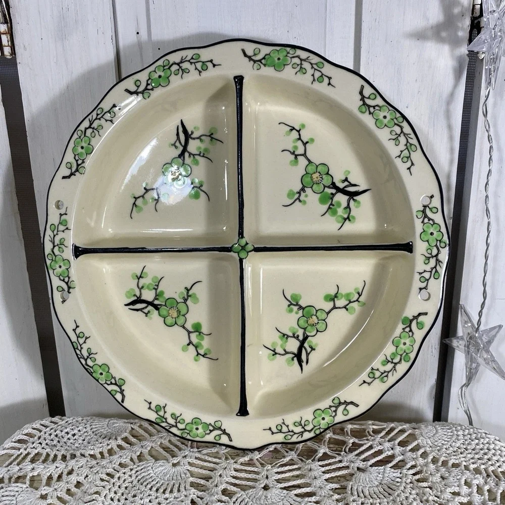 Antique Moriyama Green Cherry Blossom 4 Divider Dish Hand Painted Japan 1920-30s